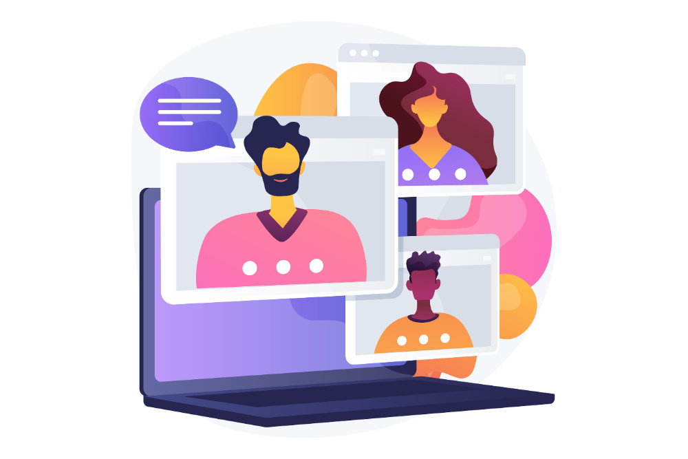 Mediacja online – dwie osoby prowadzą wideokonferencję z udziałem mediatora, symbolizująca zdalne rozwiązywanie sporów przez ośrodek mediacji